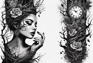 tattoo sleeve, tree roots break out of the chains at the bottom of the hand, Symbolizing loss, an image of a broken mask, Clock with flying numbers, girl, skull, roses tattoo idea