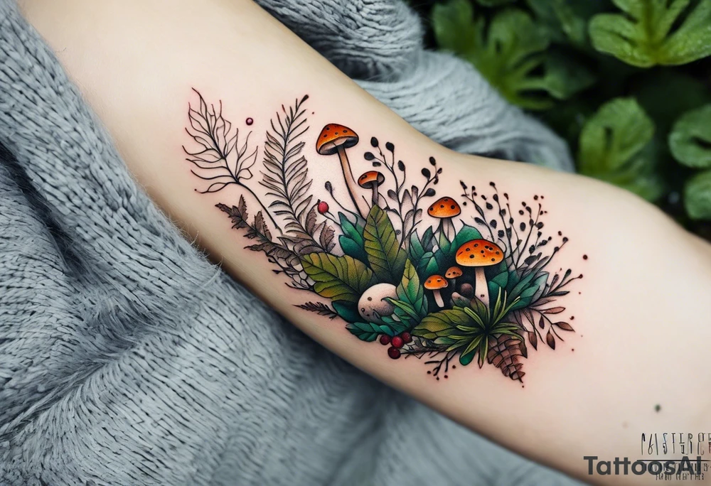 minimalistic forest floor inspired tattoo, which includes grass, moss, curly ferns and dead leaves as the bulk of the tattoo. details to include: forest berries, couple of very small brown mushrooms, a tiny bumblebee flying nearby tattoo idea