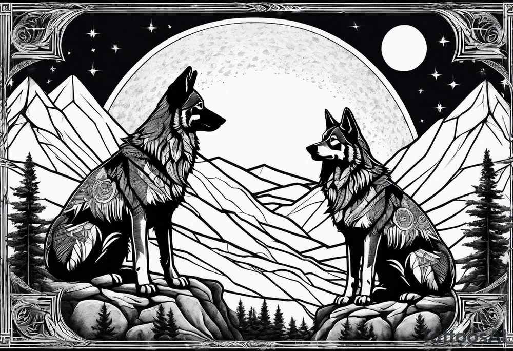 Mountain peaks
Two wolves sitting at end of trail
Moon
Dark woods tattoo idea