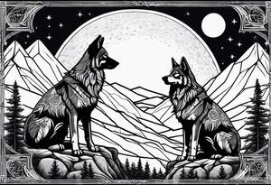 Mountain peaks
Two wolves sitting at end of trail
Moon
Dark woods tattoo idea