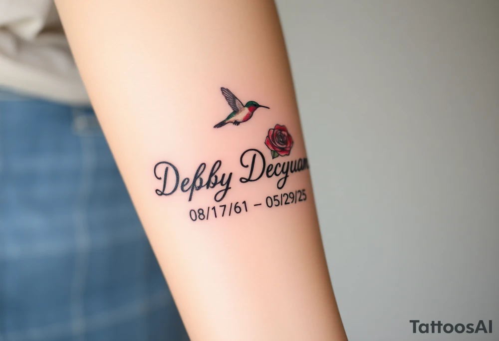 Cursive name Debby Deguzman surrounded by a hummingbird a rose and these dates 08/17/61 - 05/29/25 tattoo idea