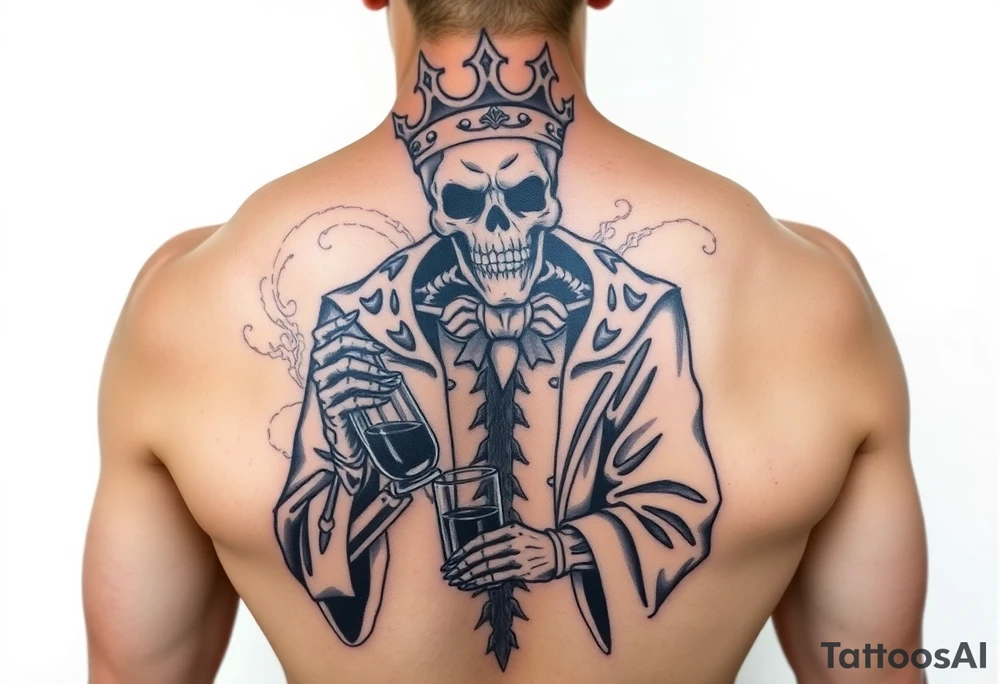 evil skeleton king in clothes getting drunk tattoo idea