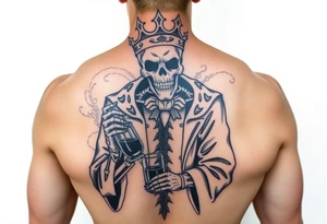 evil skeleton king in clothes getting drunk tattoo idea