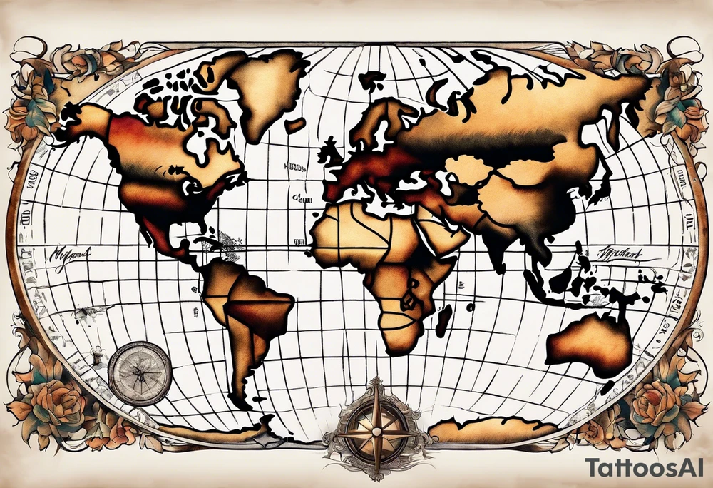 a old world map for the back of a forearm tattoo idea