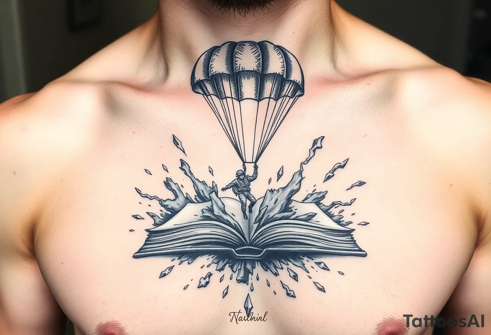 A parachuting soldier landing into an open book. Chaos surrounding, but the book is protecting the soldier from it. On the chest. Make it smaller. Thought provoking tattoo idea