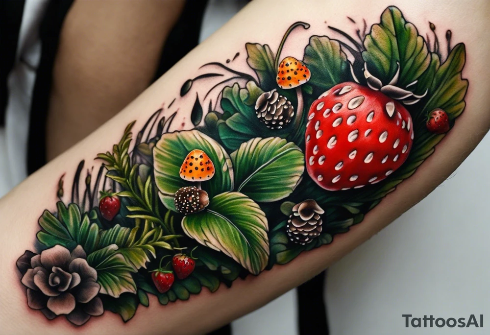 forest floor inspired realistic tattoo, which includes grass, curly ferns and dead leaves as the bulk of the tattoo. details to include: three very tiny strawberries, couple of VERY small mushrooms, a tiny bumblebee flying nearby tattoo idea