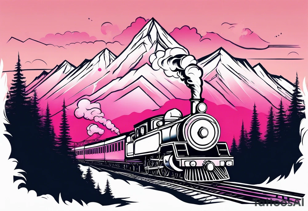 Mountain with steam train travelling down the mountain with pink horizon tattoo idea