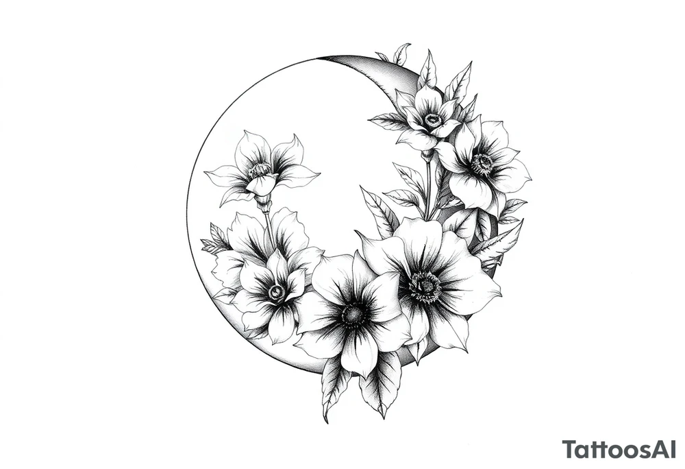 moon-shaped diferent flowers tattoo idea