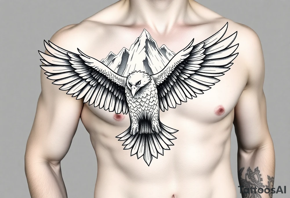 majestic eagle spreading wings against mountain peaks tattoo idea