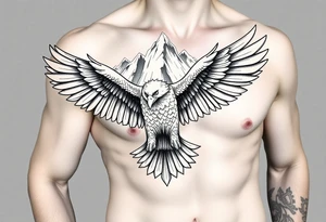 majestic eagle spreading wings against mountain peaks tattoo idea