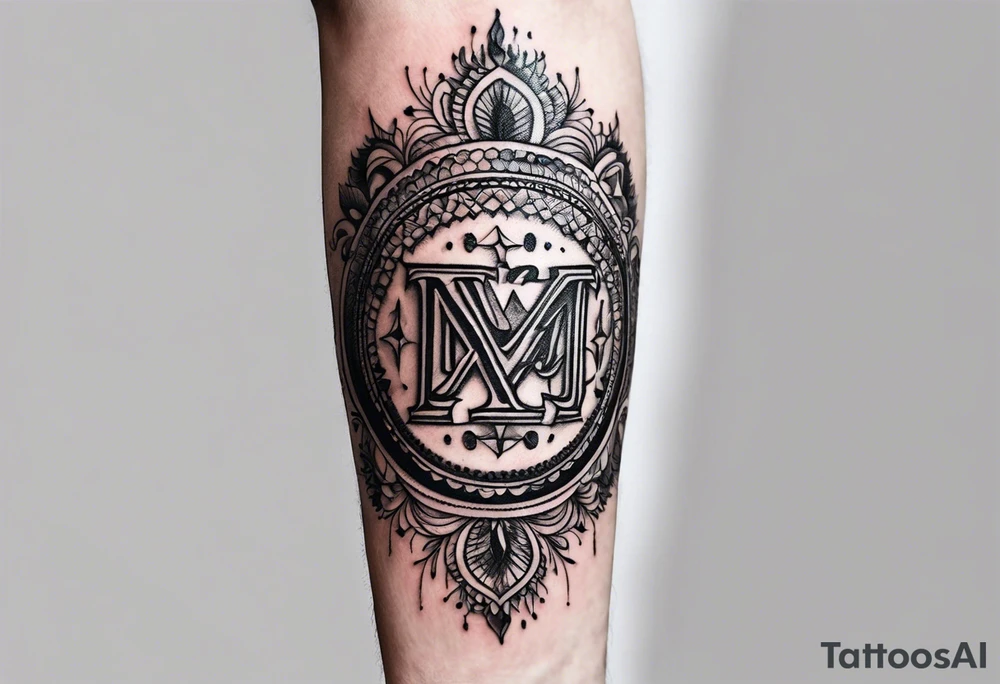 small tattoo on the forearm with the initials MLJ, date of birth 22/09/22 in the style of a moluccan tattoo tattoo idea