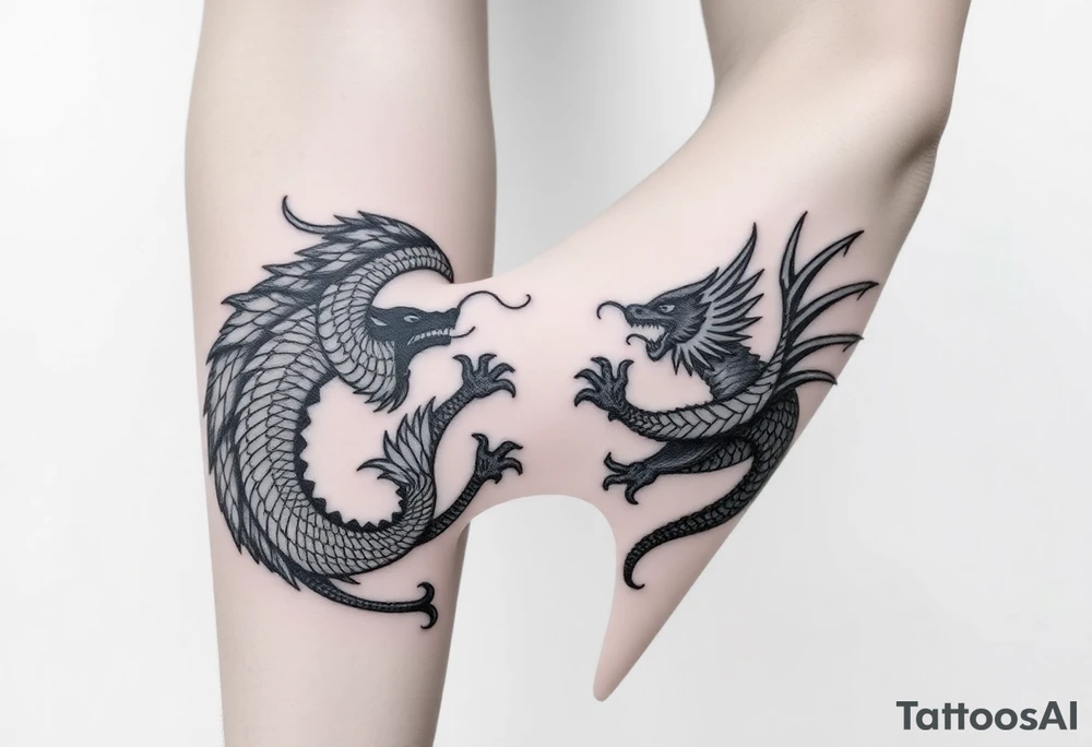 2 dragons symbolizing inner conflict, covering whole forearm tattoo idea