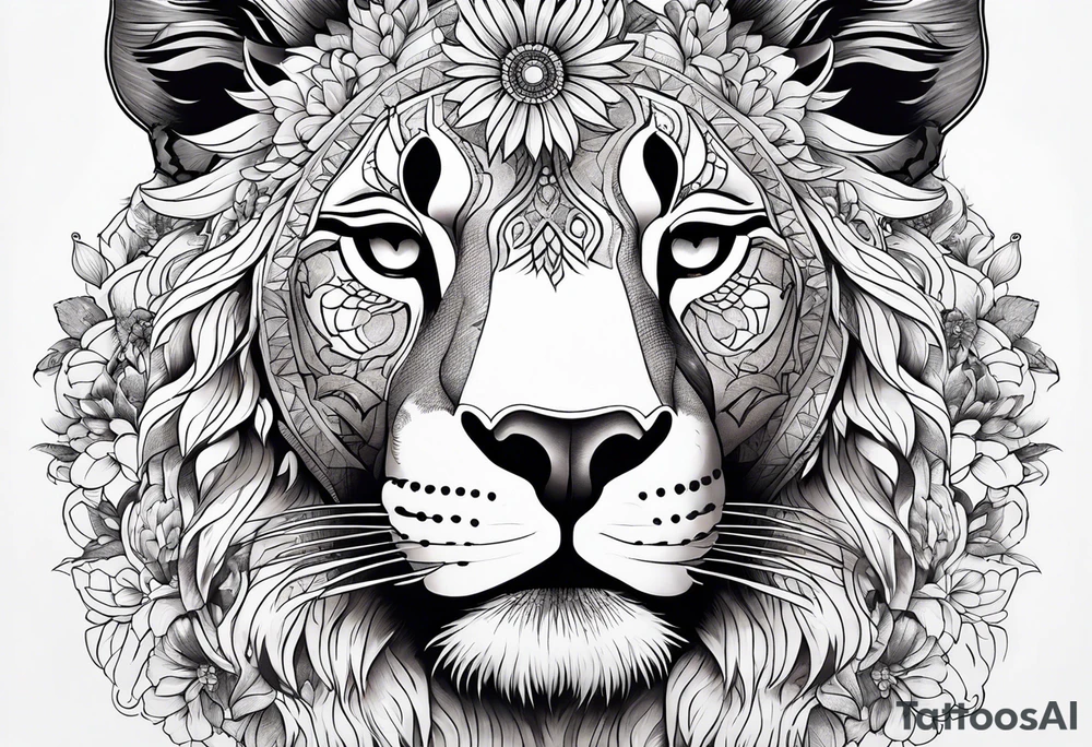 Full back piece mandala lioness flowers tattoo idea