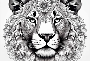 Full back piece mandala lioness flowers tattoo idea