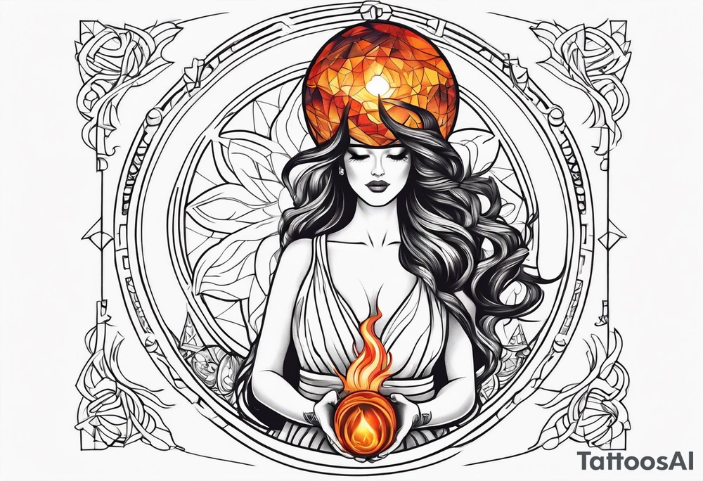 Woman holding fiery ball of divinity in hands over her head tattoo idea