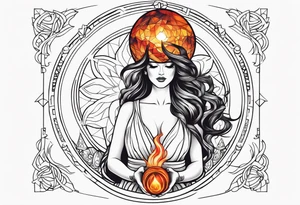 Woman holding fiery ball of divinity in hands over her head tattoo idea