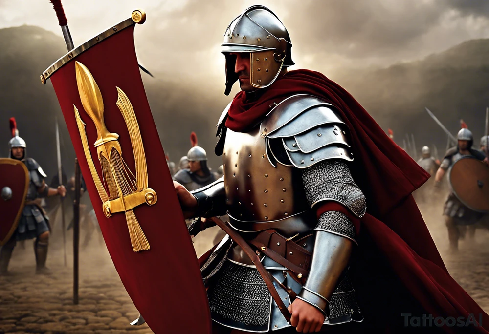 a high ranking roman soldier from AD 60, wearing armour which must include an armoured belt, breastplate, armoured shoes, shield, helmet and sword.
the soldier must look strong. the soldier is faceless. The image must include the full person, not just the top half. The soldier is mid-battle, fending off flaming arrows with his shield tattoo idea