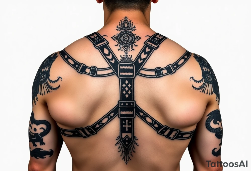 i want a tattoo that goes from the front to the back and and is similar to a harness. with connecting from my pecs to the back and also to my arms so they would be like the straps. i want to see the front and the back. i want it to be styled (the straps) like asian samoan type of pattern. please show the front tattoo idea