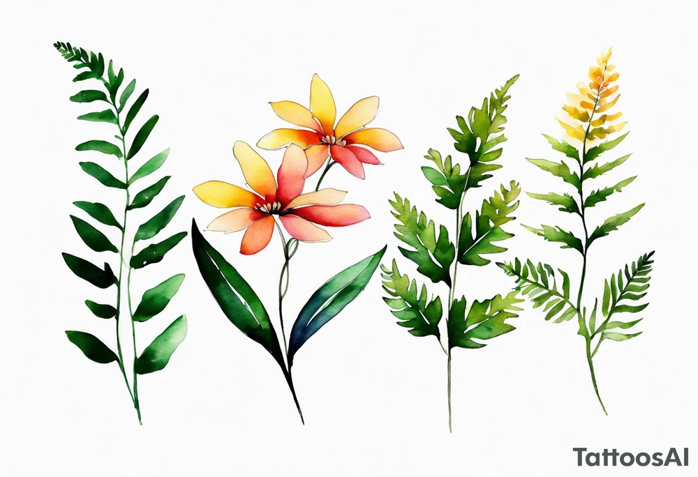 Three wild flowers with ferns all watercolor tattoo idea