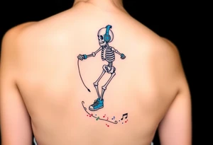 Cute skeleton jumping on a jump rope with blue headphone and blue tennis shoes and blue armbands with colorful music notes tattoo idea