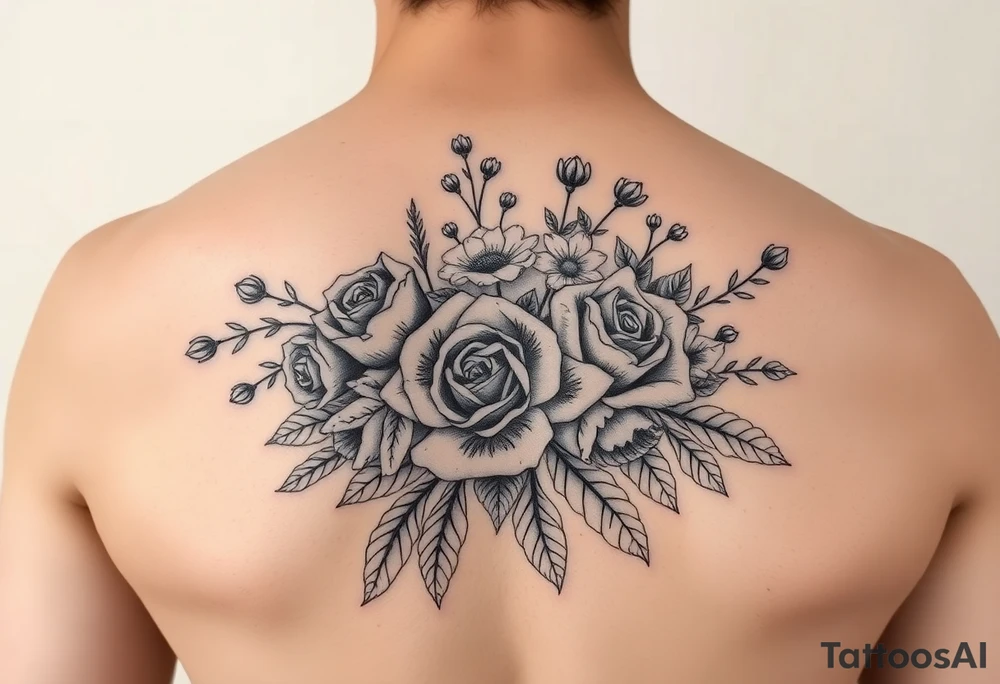 vintage bouquet of wild roses and meadow flowers with morning dew tattoo idea
