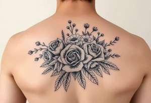 vintage bouquet of wild roses and meadow flowers with morning dew tattoo idea