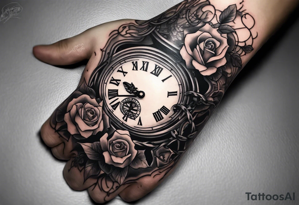 tattoo fool sleeve, tree roots break out of the chains at the bottom of the hand, broken mask, Clock with flying numbers, girl, skull, roses, less shadows tattoo idea