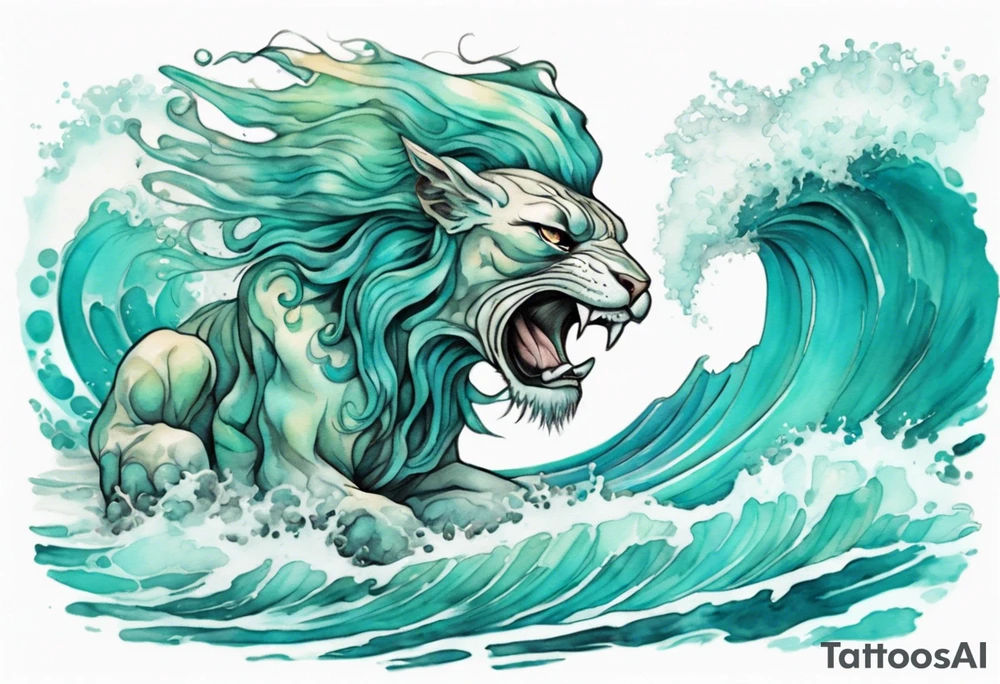 a beautiful turquoise sphinx emerging from an ocean wave, crashing onto the shore tattoo idea