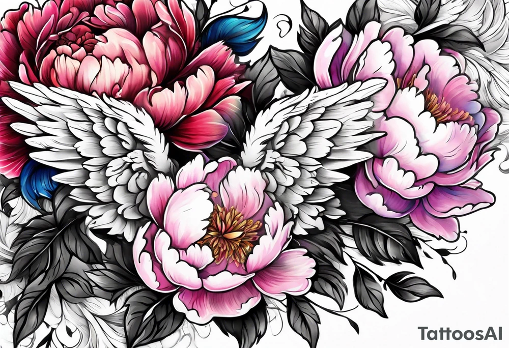 beautiful angel wings with colorful peonies. beautiful flilligree in the background tattoo idea