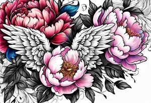 beautiful angel wings with colorful peonies. beautiful flilligree in the background tattoo idea