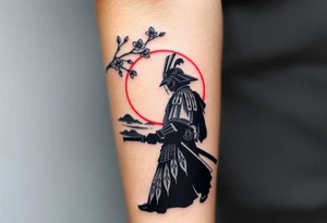 noble samurai warrior silhouette at sunset with cherry blossoms tattoo idea