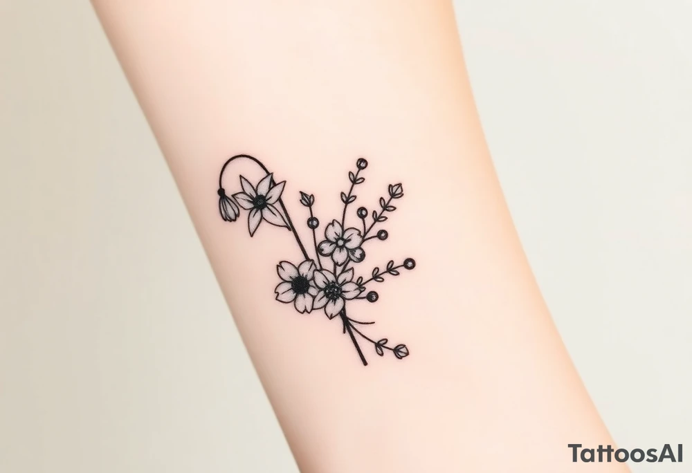 Bouquet of birth months flowers Lilly of the valley, daffodil, larkspur and Ilex aquifolium with berries tattoo idea