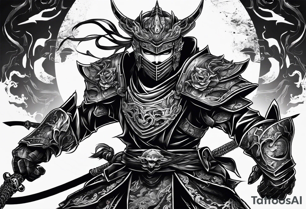 Angry Male Modern robot ninja with demon mask with swords in hands tattoo idea