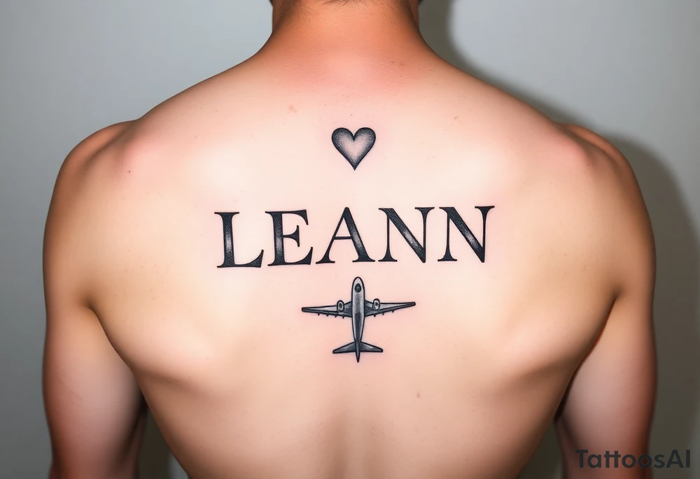 The name LEANN going down with a heart starting at the top and a plane at the bottom tattoo idea