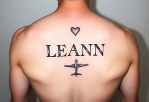 The name LEANN going down with a heart starting at the top and a plane at the bottom tattoo idea