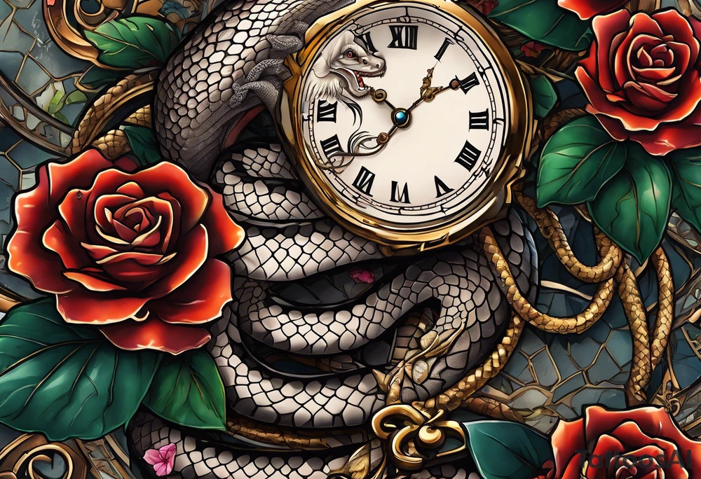 Powerful King cobra wrapped around and breaking an old broken watch clock with dead roses all around in the background tattoo idea