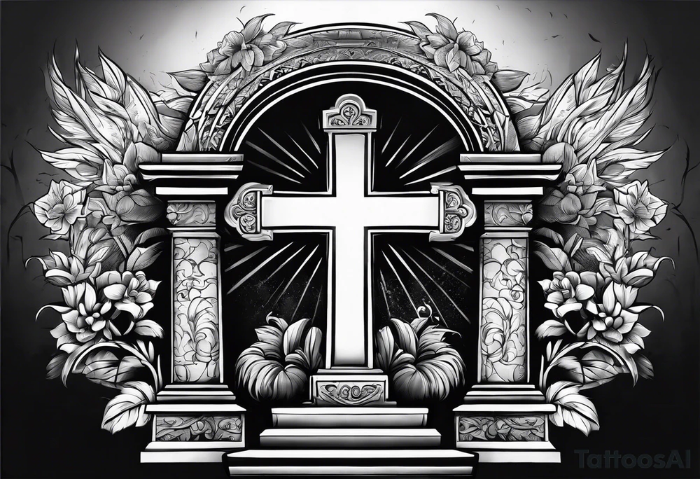 Tomb with cross and sun in the background tattoo idea