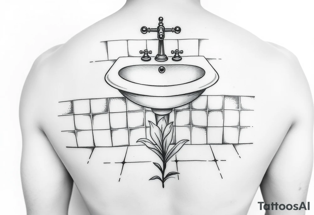 bathroom sink on tile floor with lily coming up out of the floor tattoo idea
