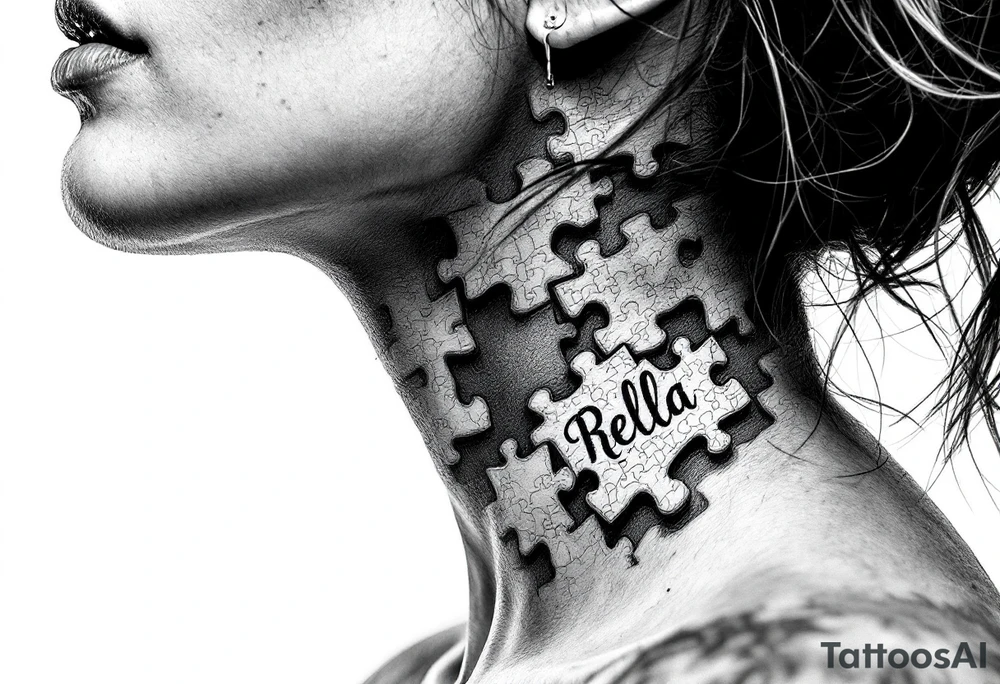 side of the neck puzzle piece tattoo where one of the pieces says Rella tattoo idea