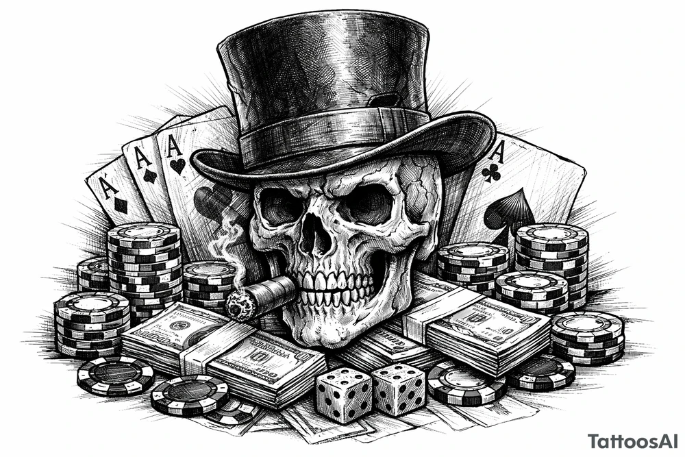 skull with cigar in his mouth,top-hat surrounded by poker-chips,paying cards and money. tattoo idea
