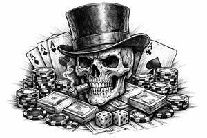 skull with cigar in his mouth,top-hat surrounded by poker-chips,paying cards and money. tattoo idea