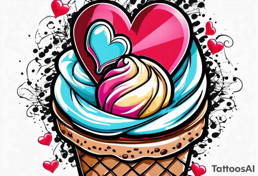 sketch chocolate chip ice cream cone with one red heart tattoo idea