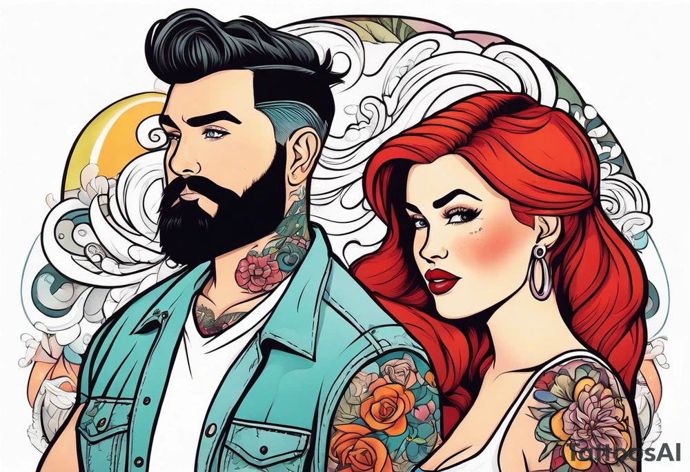 Busty Red haired woman with black haired bearded man tattoo idea