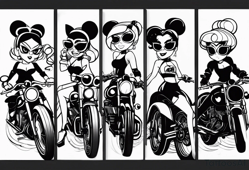 Power Puff Girls in 3 Variations one should be male and have a ascocaition zu motorcycle the 2 others should be female tattoo idea