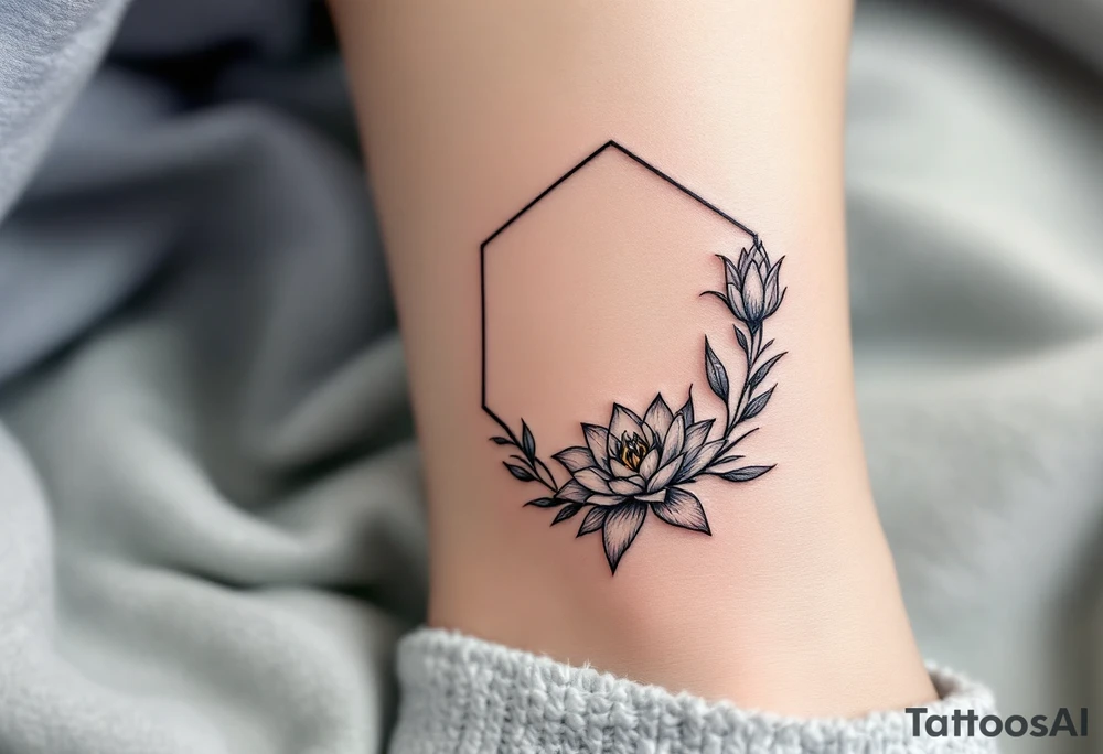 Leo sign, larkspur and water lily surrounded by a hexagon tattoo idea