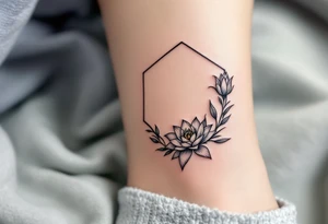 Leo sign, larkspur and water lily surrounded by a hexagon tattoo idea