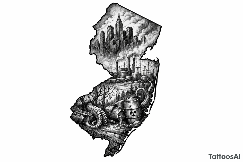 Outline of the shape of New Jersey with a dirty city skyline in the north fading in smog filled refineries in the northern part of central Jersey going into a toxic waste forest with a few tentacles and hazardous waste barrels tattoo idea