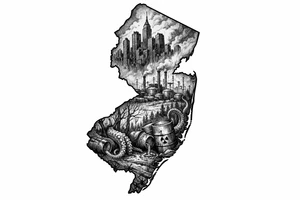 Outline of the shape of New Jersey with a dirty city skyline in the north fading in smog filled refineries in the northern part of central Jersey going into a toxic waste forest with a few tentacles and hazardous waste barrels tattoo idea