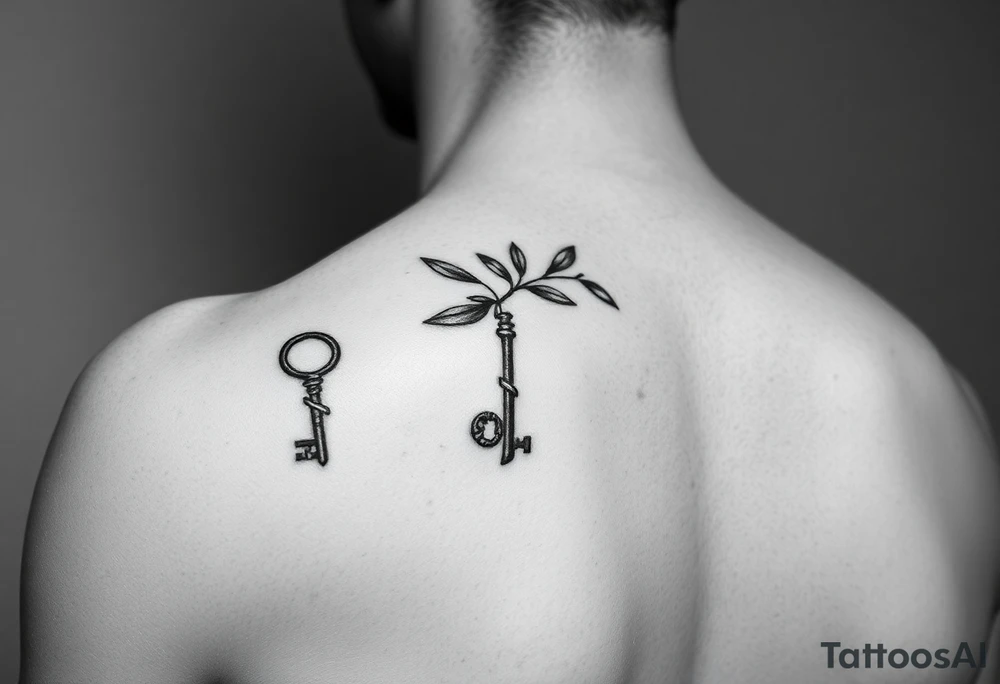 A metal key wrapped in olive leaves on the left arm tattoo idea