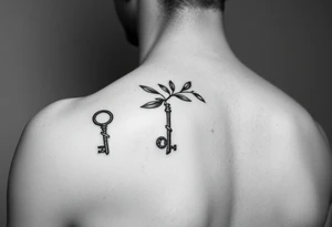 A metal key wrapped in olive leaves on the left arm tattoo idea